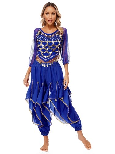 Xnihocha Bauchtanz Oberteil+Pumphose Damen Zweiteiliger Pailletten Bauchtanz Kostüm Karneval Fasching Cosplay Party Verkleidung Königsblau Einheitsgröße von Xnihocha