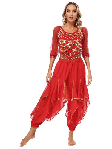 Xnihocha Bauchtanz Oberteil+Pumphose Damen Zweiteiliger Pailletten Bauchtanz Kostüm Karneval Fasching Cosplay Party Verkleidung Rot Einheitsgröße Xnihocha Bauchtanz Oberteil+Pumphose Damen Zweiteiliger Pailletten Bauchtanz Kostüm Karneval Fasching Cosplay Party Verkleidung Rot Einheitsgröße von Xnihocha