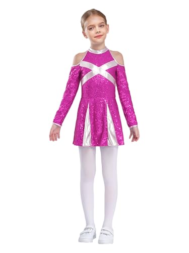 Xnihocha Cheerleaders Kostüm Kinder Mädchen Kostüm Cheerleaders Uniform Pompon Kleid Kinderkostüm Halloween Karneval Maskerade 6-16 Jahre Hot Pink 110-116 von Xnihocha