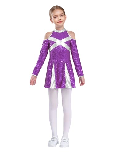 Xnihocha Cheerleaders Kostüm Kinder Mädchen Kostüm Cheerleaders Uniform Pompon Kleid Kinderkostüm Halloween Karneval Maskerade 6-16 Jahre Violett 134-140 von Xnihocha
