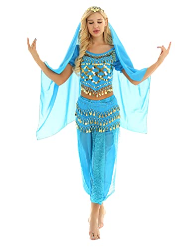 Xnihocha Damen Bauchtanz Kostüme Set Orientalische Tanz Kostüme Pailletten Tanzen Top + Laterne Hosen +Hüfttuch+ Kopftuch Faschingskostüme blauer See Einheitsgröße von Xnihocha