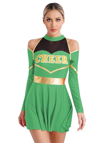 Xnihocha Damen Cheer Leader Kostüm Langarm Schulmädchen Tanz Uniform Einteiliger Sportkleid Halloween Fasching Partykleid Grün XXL von Xnihocha