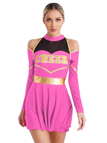 Xnihocha Damen Cheer Leader Kostüm Langarm Schulmädchen Tanz Uniform Einteiliger Sportkleid Halloween Fasching Partykleid Hot Pink L von Xnihocha