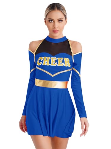 Xnihocha Damen Cheer Leader Kostüm Langarm Schulmädchen Tanz Uniform Einteiliger Sportkleid Halloween Fasching Partykleid Königsblau XXL von Xnihocha