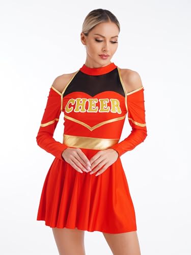 Xnihocha Damen Cheer Leader Kostüm Langarm Schulmädchen Tanz Uniform Einteiliger Sportkleid Halloween Fasching Partykleid Rot XXL von Xnihocha