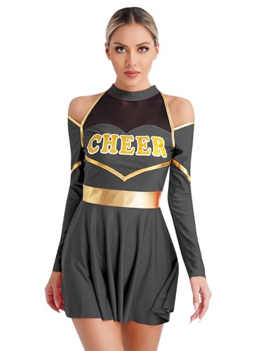 Xnihocha Damen Cheer Leader Kostüm Langarm Schulmädchen Tanz Uniform Einteiliger Sportkleid Halloween Fasching Partykleid Schwarz XL von Xnihocha