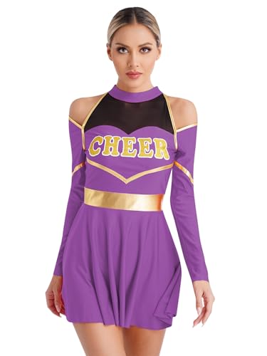 Xnihocha Damen Cheer Leader Kostüm Langarm Schulmädchen Tanz Uniform Einteiliger Sportkleid Halloween Fasching Partykleid Violett L von Xnihocha