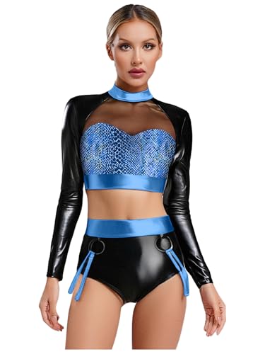 Xnihocha Damen Disco Kostüm 2-teiliges Metallic Langarm Bauchfreies Oberteil und Short Set 80er 90er Festival Nacht Outfit Blau XL Xnihocha Damen Disco Kostüm 2-teiliges Metallic Langarm Bauchfreies Oberteil und Short Set 80er 90er Festival Nacht Outfit Blau XL von Xnihocha