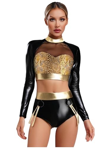 Xnihocha Damen Disco Kostüm 2-teiliges Metallic Langarm Bauchfreies Oberteil und Short Set 80er 90er Festival Nacht Outfit Gold XL Xnihocha Damen Disco Kostüm 2-teiliges Metallic Langarm Bauchfreies Oberteil und Short Set 80er 90er Festival Nacht Outfit Gold XL von Xnihocha