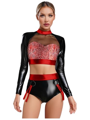 Xnihocha Damen Disco Kostüm 2-teiliges Metallic Langarm Bauchfreies Oberteil und Short Set 80er 90er Festival Nacht Outfit Rot S Xnihocha Damen Disco Kostüm 2-teiliges Metallic Langarm Bauchfreies Oberteil und Short Set 80er 90er Festival Nacht Outfit Rot S von Xnihocha