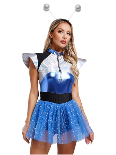 Xnihocha Damen Glänzend Alien Kostüm Set Pailletten Tüll Minikleid A- Linie Partykleid Mit Alien Haarreif für Karneval Blau XXL Xnihocha Damen Glänzend Alien Kostüm Set Pailletten Tüll Minikleid A- Linie Partykleid Mit Alien Haarreif für Karneval Blau XXL von Xnihocha