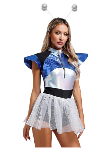 Xnihocha Damen Glänzend Alien Kostüm Set Pailletten Tüll Minikleid A- Linie Partykleid Mit Alien Haarreif für Karneval Silber 3XL Xnihocha Damen Glänzend Alien Kostüm Set Pailletten Tüll Minikleid A- Linie Partykleid Mit Alien Haarreif für Karneval Silber 3XL von Xnihocha