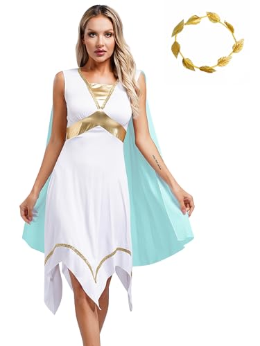 Xnihocha Damen Griechische Göttin Kostüm Set Antike Tunikakleid mit Kopfbedeckung Römische Ägypten Königin Halloween Hellblau 4XL von Xnihocha