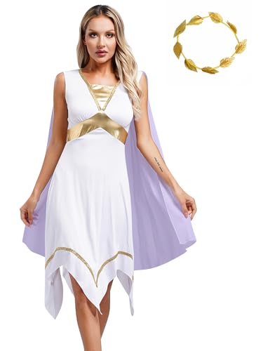 Xnihocha Damen Griechische Göttin Kostüm Set Antike Tunikakleid mit Kopfbedeckung Römische Ägypten Königin Halloween Lavendel 4XL von Xnihocha
