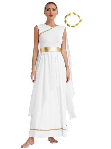Xnihocha Damen Griechische Römische Göttin Karneval Kostüm Kleid Ärmellos Langes Antike Robe Mit Haarschmuck Faschingskostüme Karneval Weiß M von Xnihocha
