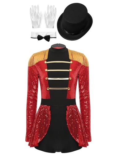 Xnihocha Damen Zirkus Kostüm 4 Stück Zirkusdirektor Uniform Pailletten Bodysuit mit Zubehör Set Karneval Fasching Rot XXL Xnihocha Damen Zirkus Kostüm 4 Stück Zirkusdirektor Uniform Pailletten Bodysuit mit Zubehör Set Karneval Fasching Rot XXL von Xnihocha