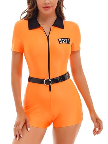 Xnihocha Erwachsene Damen Gefangenen Prisoner Kostüm Kurzarm Sträfling Jumpsuit mit Gürtel Gefängnisstrafer Cosplay Karneval Orange S von Xnihocha