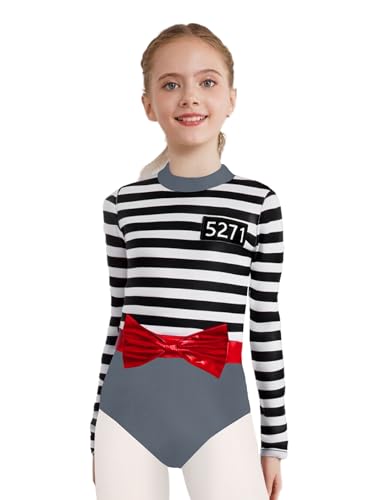 Xnihocha Gefangenenkostüm Für Kinder Mädchen Sträfling Gestreift Overall Langarm Gefangener Anzug Faschnacht Rollenspiel Outfit Silbergrau 158-164 von Xnihocha