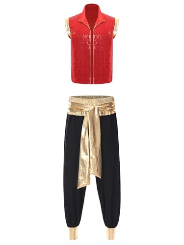 Xnihocha Herren Halloween Kostüm Set Kostüm Pailletten vorne offen Weste mit Aladinhose für Karneval Fasching Rot Schwarz M Xnihocha Herren Halloween Kostüm Set Kostüm Pailletten vorne offen Weste mit Aladinhose für Karneval Fasching Rot Schwarz M von Xnihocha