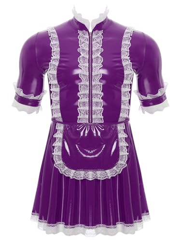Xnihocha Herren Lackleder Sissy Kleid Maid Cosplay Kostüm Kurzärmeliges Dienstmädchen Uniform Crossdresser Outfits Violett 4XL Xnihocha Herren Lackleder Sissy Kleid Maid Cosplay Kostüm Kurzärmeliges Dienstmädchen Uniform Crossdresser Outfits Violett 4XL von Xnihocha