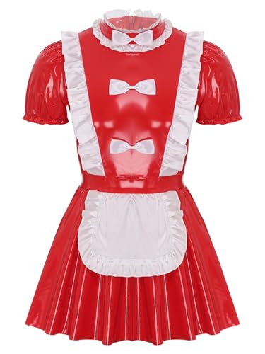 Xnihocha Herren Wetlook Sissy Dienstmädchen Kostüm Kurzarm Maid Cosplay Uniform Crossdresser Kurz Nachtkleid Fasching Karneval Rot 4XL von Xnihocha