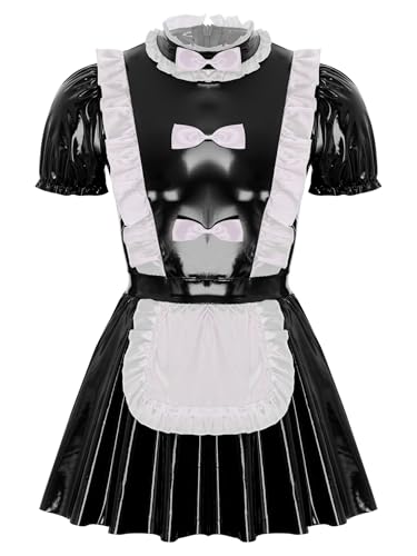 Xnihocha Herren Wetlook Sissy Dienstmädchen Kostüm Kurzarm Maid Cosplay Uniform Crossdresser Kurz Nachtkleid Fasching Karneval Schwarz 4XL von Xnihocha