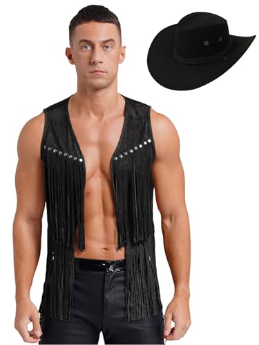 Xnihocha Hippie Weste Herren Ärmellos Fransenjacket mit Hut Vintage Cowboy 60er 70er Jahre Bekleidung für karneval Mottoparty Schwarz XXL von Xnihocha