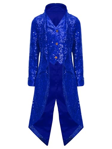 Xnihocha Jungen Kinder Pailletten Vintage Frack Gehrock Lang Mantel Renaissance Uniform Halloween Vampir Party Piraten Jacke Königsblau 134-140 Xnihocha Jungen Kinder Pailletten Vintage Frack Gehrock Lang Mantel Renaissance Uniform Halloween Vampir Party Piraten Jacke Königsblau 134-140 von Xnihocha