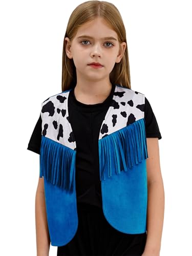 Xnihocha Kinder Mädchen Weste Kurz Ärmellos Fransen Weste Faux Wildleder Fringe Jacke Cowgirl Party Kostüm für Karneval Mottoparty Blau 122-128 von Xnihocha