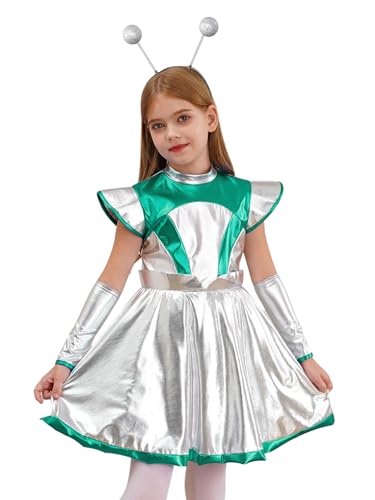 Xnihocha Mädchen Alien Kostüm Set Glänzende Metallic Mini Tanzkleid mit Haarreifen Zubehör für Party Karneval Halloween Grün Silber 110-116 Xnihocha Mädchen Alien Kostüm Set Glänzende Metallic Mini Tanzkleid mit Haarreifen Zubehör für Party Karneval Halloween Grün Silber 110-116 von Xnihocha