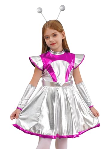 Xnihocha Mädchen Alien Kostüm Set Glänzende Metallic Mini Tanzkleid mit Haarreifen Zubehör für Party Karneval Halloween Rosa 122-128 Xnihocha Mädchen Alien Kostüm Set Glänzende Metallic Mini Tanzkleid mit Haarreifen Zubehör für Party Karneval Halloween Rosa 122-128 von Xnihocha