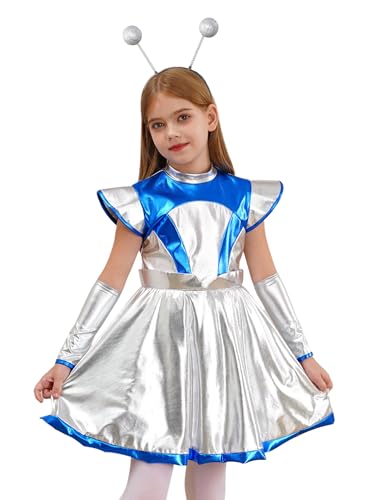 Xnihocha Mädchen Alien Kostüm Set Glänzende Metallic Mini Tanzkleid mit Haarreifen Zubehör für Party Karneval Halloween Silber 146-152 Xnihocha Mädchen Alien Kostüm Set Glänzende Metallic Mini Tanzkleid mit Haarreifen Zubehör für Party Karneval Halloween Silber 146-152 von Xnihocha