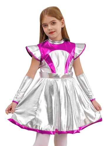 Xnihocha Mädchen Astronaut Metallic Kleid Glänzende Minikleid Partykleid Fliegenärmel Space Girl Alien Kostüm Tanzkleidung Hot Pink 134-140 Xnihocha Mädchen Astronaut Metallic Kleid Glänzende Minikleid Partykleid Fliegenärmel Space Girl Alien Kostüm Tanzkleidung Hot Pink 134-140 von Xnihocha