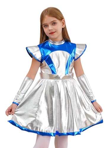 Xnihocha Mädchen Astronaut Metallic Kleid Glänzende Minikleid Partykleid Fliegenärmel Space Girl Alien Kostüm Tanzkleidung Silber 158-164 von Xnihocha