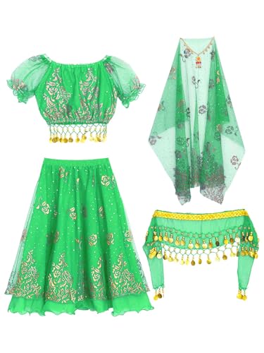Xnihocha Mädchen Bauchtanz Top Rock Kopftuch und Kopfbedeckung Halloween kostüm Prinzessin Karneval Faschingskostüm Grün 110-128 von Xnihocha