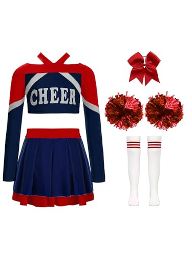 Xnihocha Mädchen Cheer leader Kostüm Kinder Uniform mit Pompons Kopfbedeckungen und Socken Pompon Kleid Cosplay Fest Karneval Halloween Navy blau 134-140 Xnihocha Mädchen Cheer leader Kostüm Kinder Uniform mit Pompons Kopfbedeckungen und Socken Pompon Kleid Cosplay Fest Karneval Halloween Navy blau 134-140 von Xnihocha