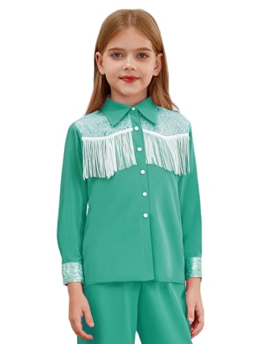 Xnihocha Mädchen Western Cowgirl Jacket Langarm Fransen Mantel Tops Button Down Hemd Bluse Mottoparty Oberteile Grün 122-128 von Xnihocha