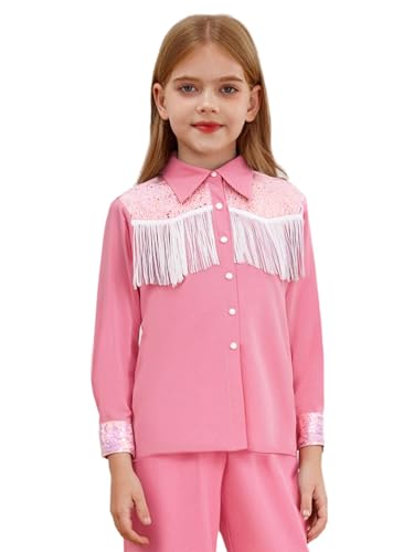 Xnihocha Mädchen Western Cowgirl Jacket Langarm Fransen Mantel Tops Button Down Hemd Bluse Mottoparty Oberteile Rosa 170 von Xnihocha