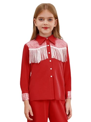 Xnihocha Mädchen Western Cowgirl Jacket Langarm Fransen Mantel Tops Button Down Hemd Bluse Mottoparty Oberteile Rot 110-116 von Xnihocha