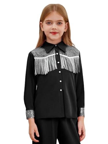 Xnihocha Mädchen Western Cowgirl Jacket Langarm Fransen Mantel Tops Button Down Hemd Bluse Mottoparty Oberteile Schwarz 122-128 von Xnihocha