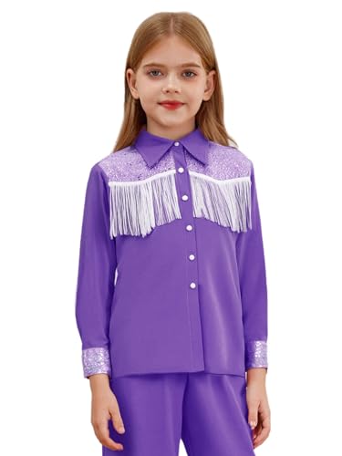Xnihocha Mädchen Western Cowgirl Jacket Langarm Fransen Mantel Tops Button Down Hemd Bluse Mottoparty Oberteile Violett 170 von Xnihocha
