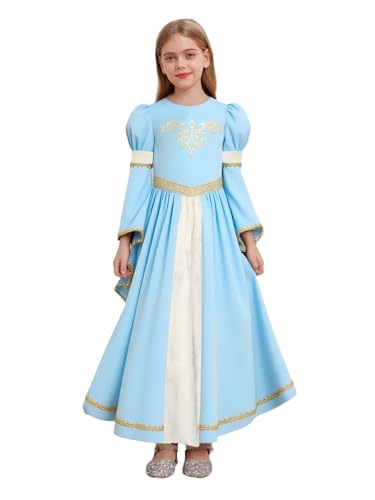 Xnihocha Mittelalter Kleidung Mädche Kinder Renaissance Retro Partykleid Lange Trompetenärmel Festkleid Königliche Verkleidung Hellblau 146-152 von Xnihocha