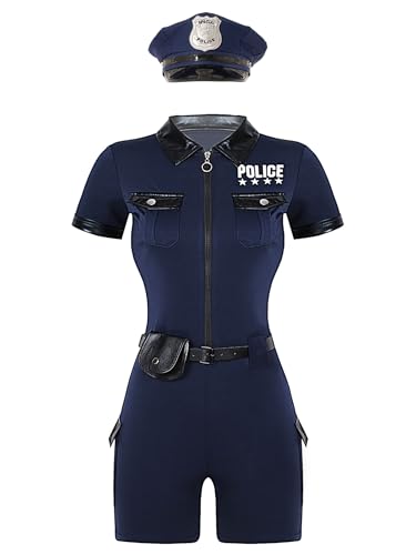 Xnihocha Polizistin Uniform Set für Damen kurze Ärmel Jumpsuit mit Gürtel Handtasche Hut Halloween Fasching Kleidung Navy blau 3XL Xnihocha Polizistin Uniform Set für Damen kurze Ärmel Jumpsuit mit Gürtel Handtasche Hut Halloween Fasching Kleidung Navy blau 3XL von Xnihocha
