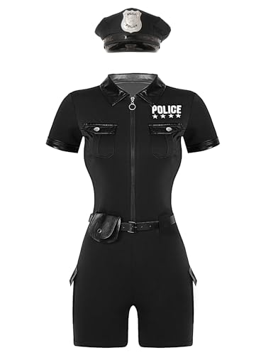 Xnihocha Polizistin Uniform Set für Damen kurze Ärmel Jumpsuit mit Gürtel Handtasche Hut Halloween Fasching Kleidung Schwarz XL Xnihocha Polizistin Uniform Set für Damen kurze Ärmel Jumpsuit mit Gürtel Handtasche Hut Halloween Fasching Kleidung Schwarz XL von Xnihocha