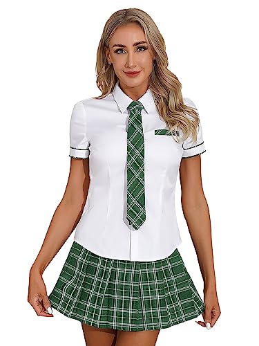 Xnihocha Sexy Schulmädchen-Uniform für Damen Kurzarm Hemd mit Krawatte + Karierter Minirock Faltenrock Zweiteiler Reizwäsche Outfit Grün S von Xnihocha
