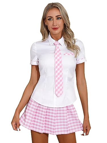 Xnihocha Sexy Schulmädchen-Uniform für Damen Kurzarm Hemd mit Krawatte + Karierter Minirock Faltenrock Zweiteiler Reizwäsche Outfit Rosa 3XL von Xnihocha