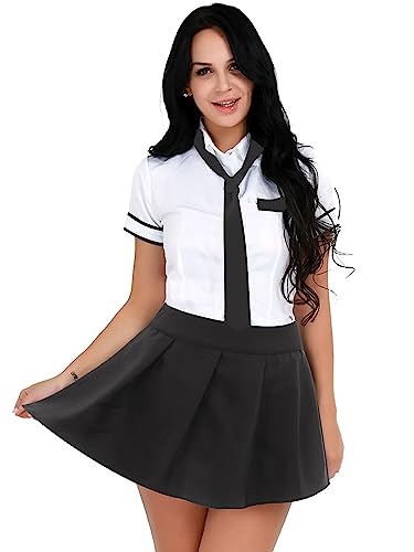 Xnihocha Sexy Schulmädchen-Uniform für Damen Kurzarm Hemd mit Krawatte + Karierter Minirock Faltenrock Zweiteiler Reizwäsche Outfit Schwarz 3XL von Xnihocha