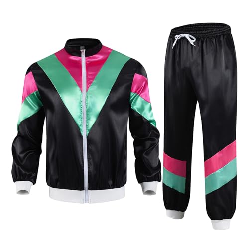 Xnihocha Traningsoutfit für Damen 80er 90er Jahre Outfit Langarm Satin Jacket with Drawstring Sweatpants Retro Sportbekleidung Schwarz XL von Xnihocha