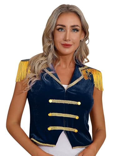 Xnihocha Zirkus Kostüm Damen Ärmellos Jäckchen Kurz Samt Militärische Anzugweste Oberteil Ringmaster Uniform Mottopartys Dunkelblau XXL von Xnihocha