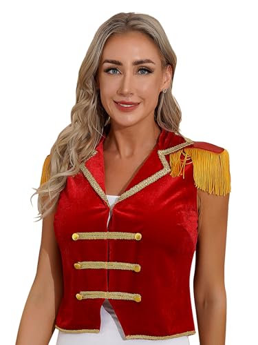 Xnihocha Zirkus Kostüm Damen Ärmellos Jäckchen Kurz Samt Militärische Anzugweste Oberteil Ringmaster Uniform Mottopartys Rot XL von Xnihocha